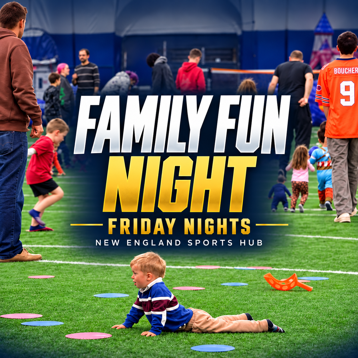 Family Fun Night Fridays flyer for New England Sports Hub, featuring a magic show with Tricky Dick on Friday, November 6, from 5 to 8 PM.